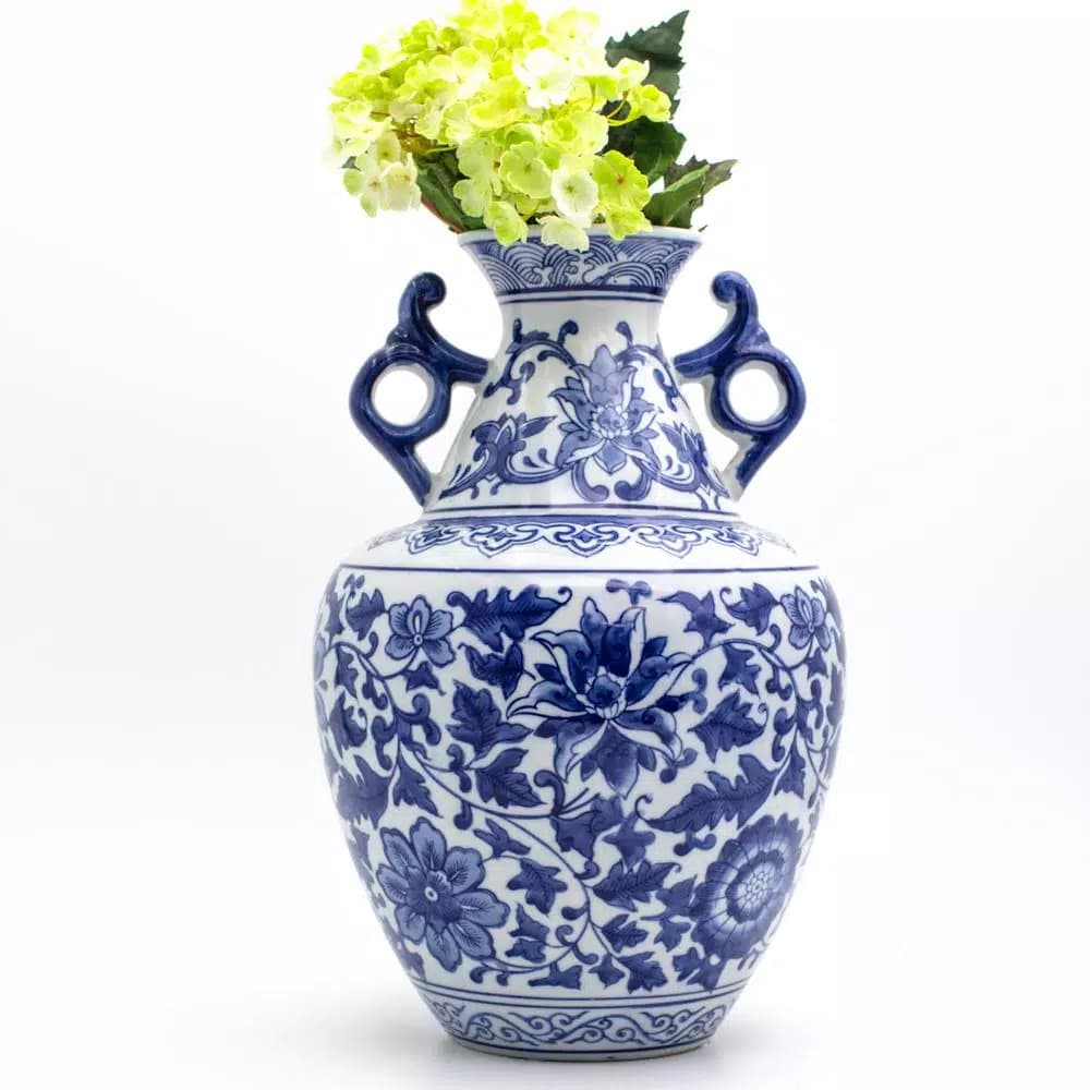 Unbranded Blue Garden White Lotus 2-Handle Porcelain Amphora Vase, Blue and White Floral Design