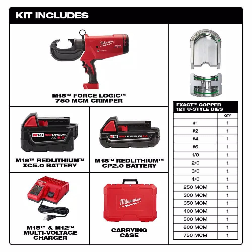 Milwaukee M18 FORCE LOGIC 750 MCM Cordless Crimper Kit with EXACT Copper U-Style Dies