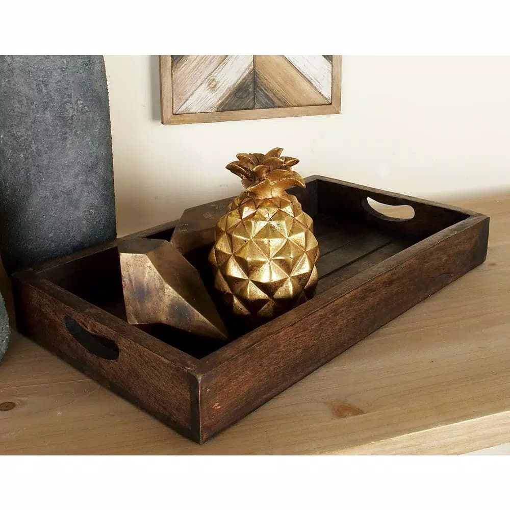 LITTON LANE Farmhouse Mahogany Mango Wood Slat Decorative Tray Set, Set of 3