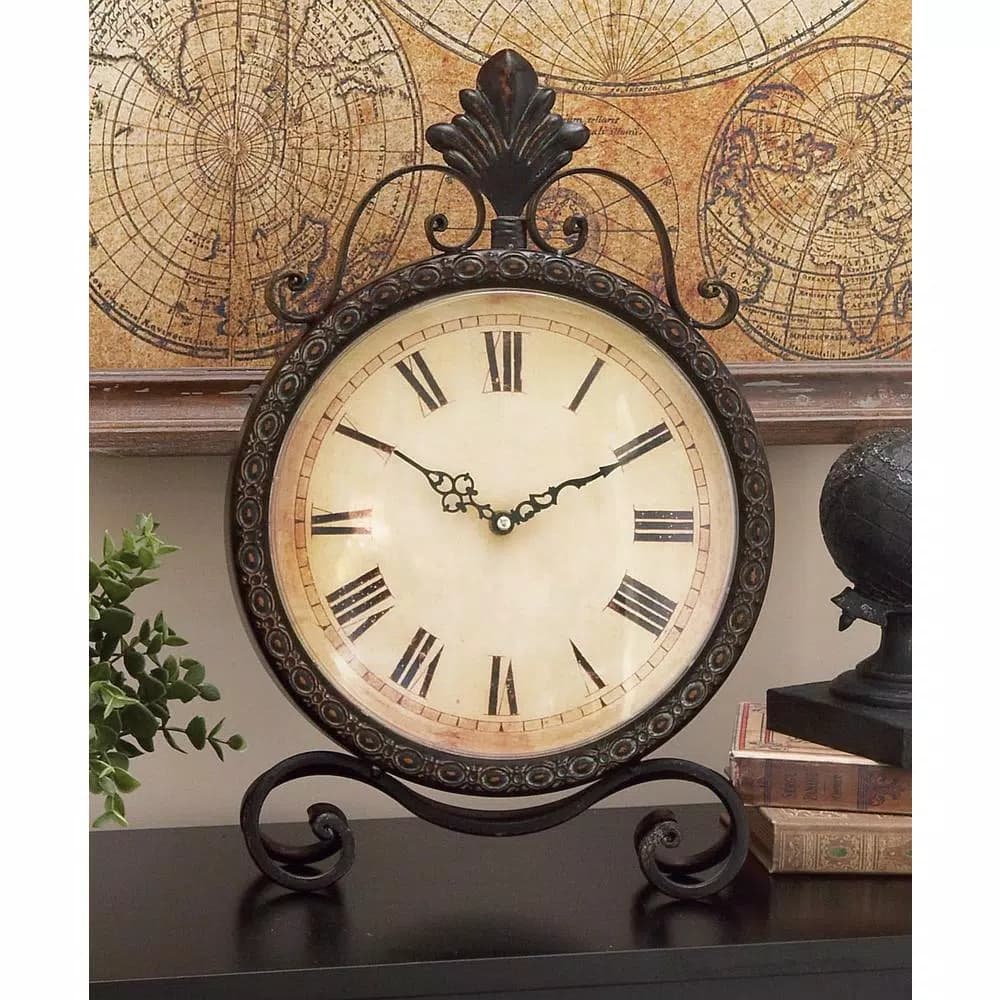 LITTON LANE 17 in. x 11 in. Round Wrought Iron Table Clock with Tarnished Bronze Finish