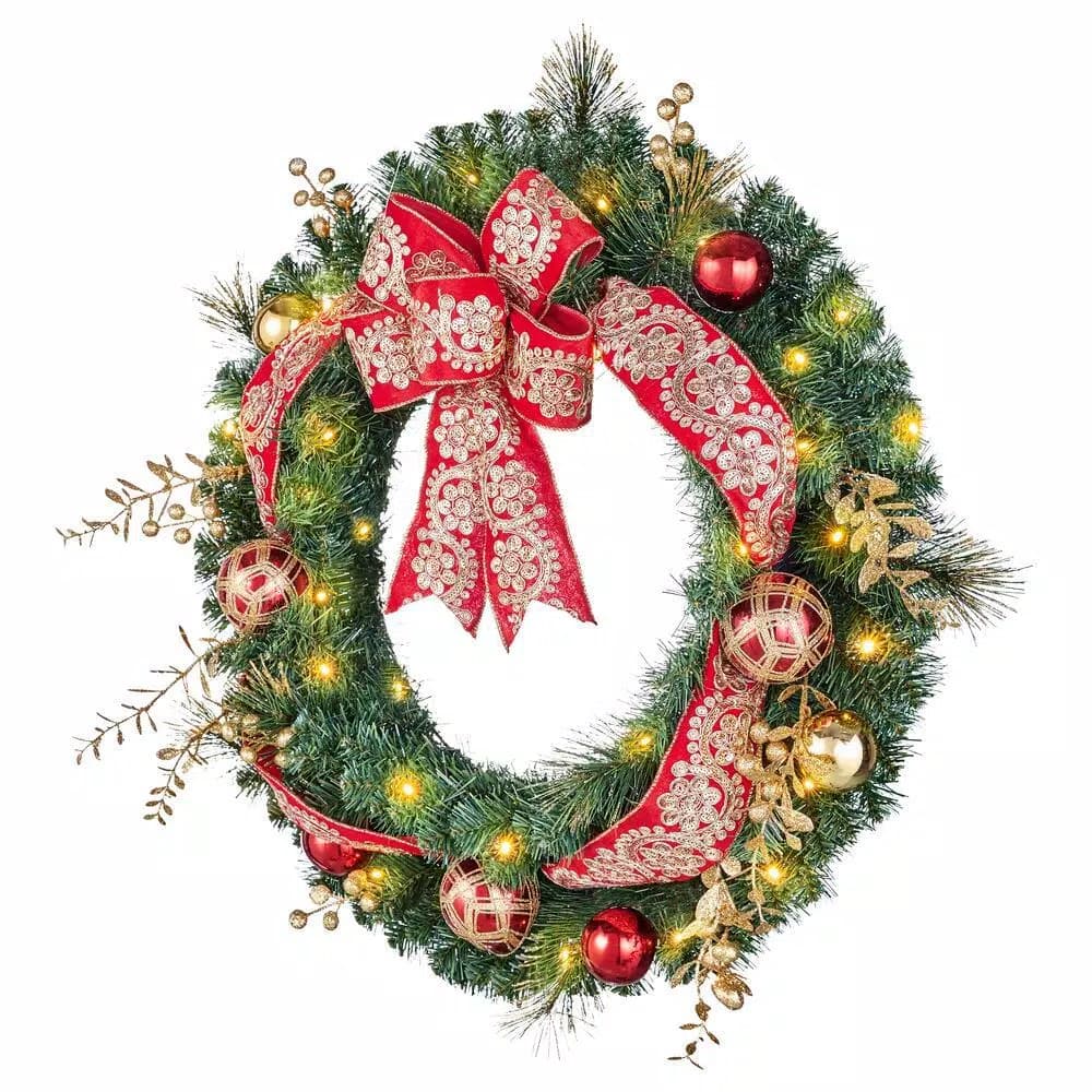 Home Accents Holiday Home Holiday Accents 30 in. Royal Easton Pre-Lit Artificial Pine Wreath with Warm White LED Lights