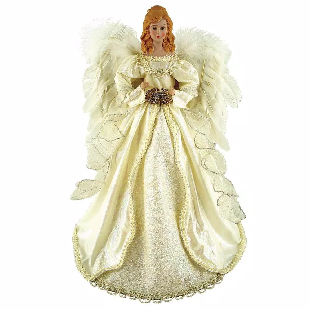 Santa's Workshop 16 in. Majestic Cream Angel Tree Topper with Gold Trim and Feather Wings