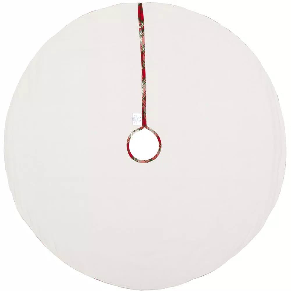 VHC Brands 48 in. Holiday Cherry Red Plaid Cotton Christmas Tree Skirt with Gold Embroidery