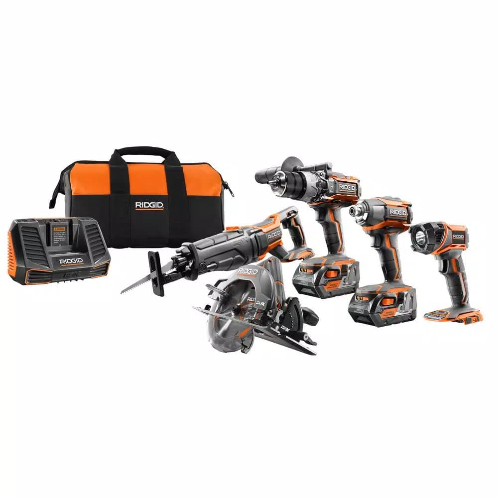 RIDGID 18V Lithium-Ion Cordless 5-Tool Combo Kit with (2) 4.0 Ah Batteries and Contractor's Bag
