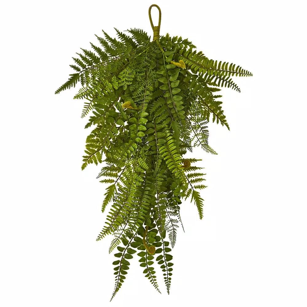 Nearly Natural 28in. Artificial Fern Teardrop Hanging Plant, Set of 2