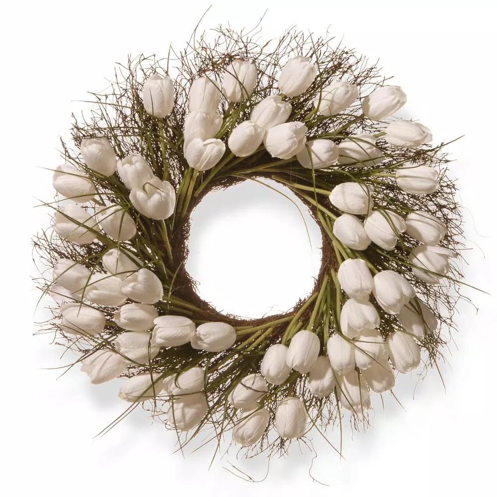 National Tree Company 24 in. White Tulip Wreath with Green Stems and Bristle Branch Base
