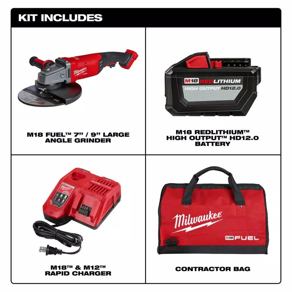 Milwaukee M18 FUEL 7/9 in. Brushless Cordless Large Angle Grinder Kit with 12.0 Ah Battery & Rapid Charger