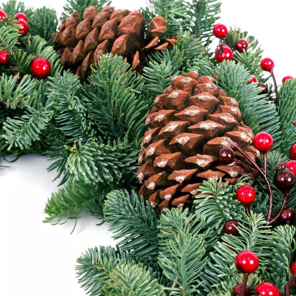 VAN ZYVERDEN 24 in. Live Fresh Cut Pacific Northwest Noble Fir Christmas Wreath with Berries and Pinecones