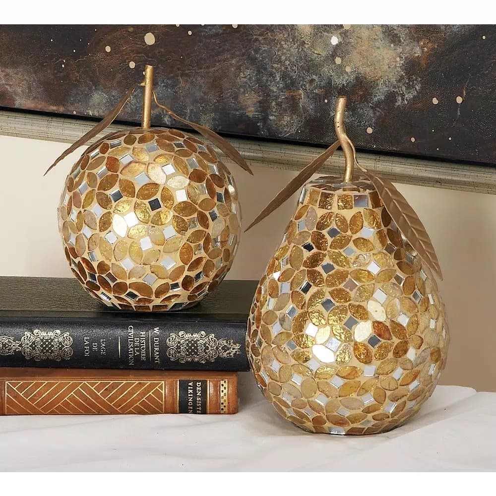 LITTON LANE Modern Reflections Gold and Silver Glass Mosaic Apple and Pear Decor Set of 2