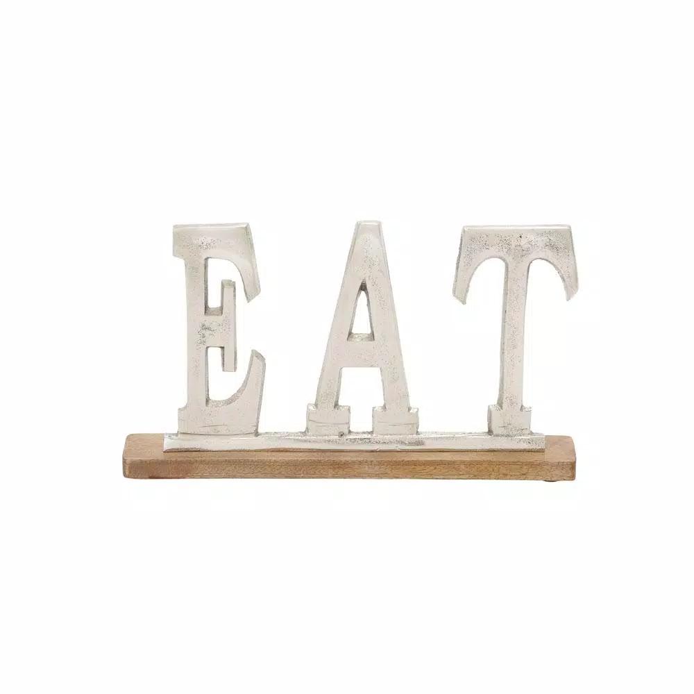 LITTON LANE 14 in. Silver Aluminum and Oak Brown Mango Wood EAT Standing Sign