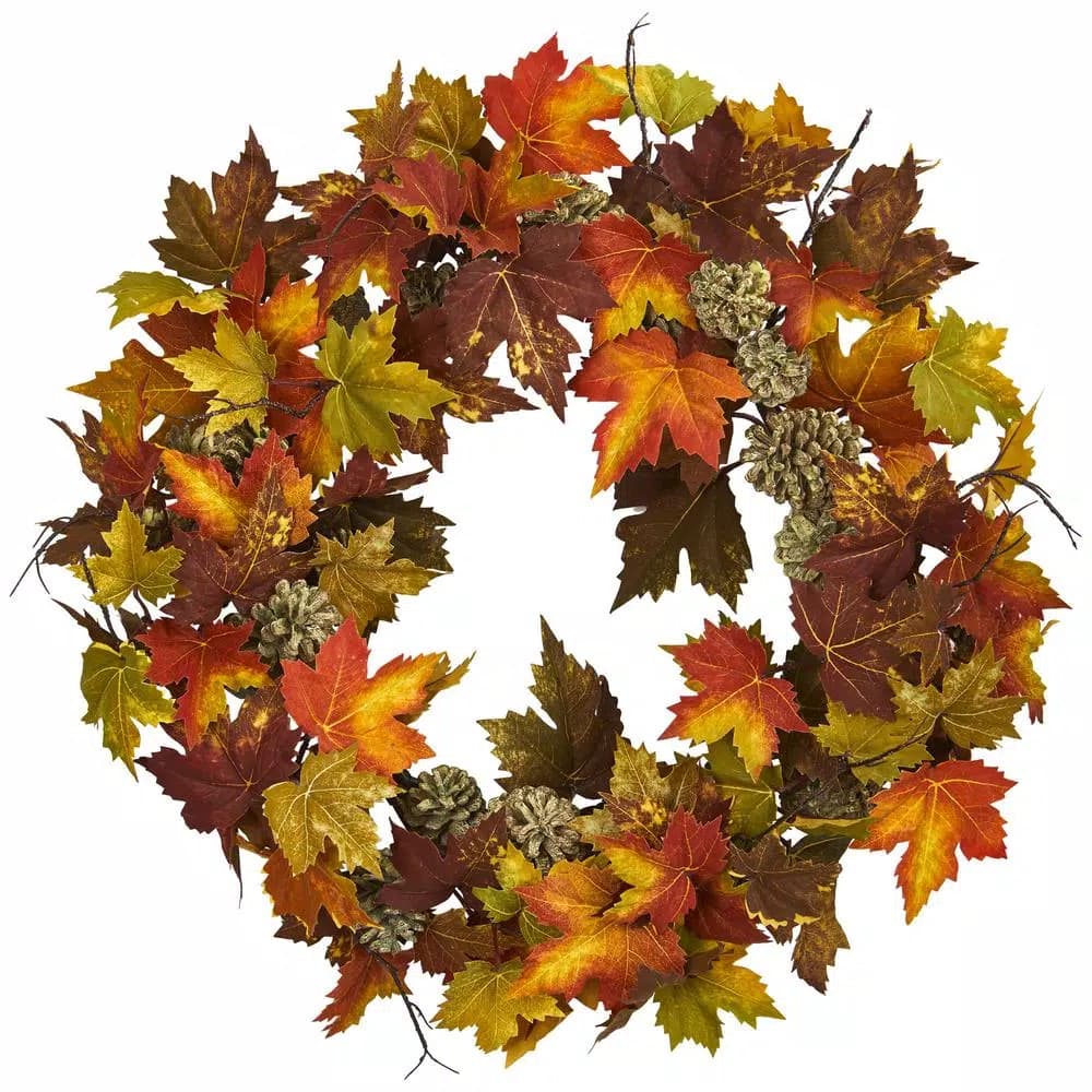 Nearly Natural 24 in. Artificial Maple and Pine Cone Autumn Wreath, Multi-Color