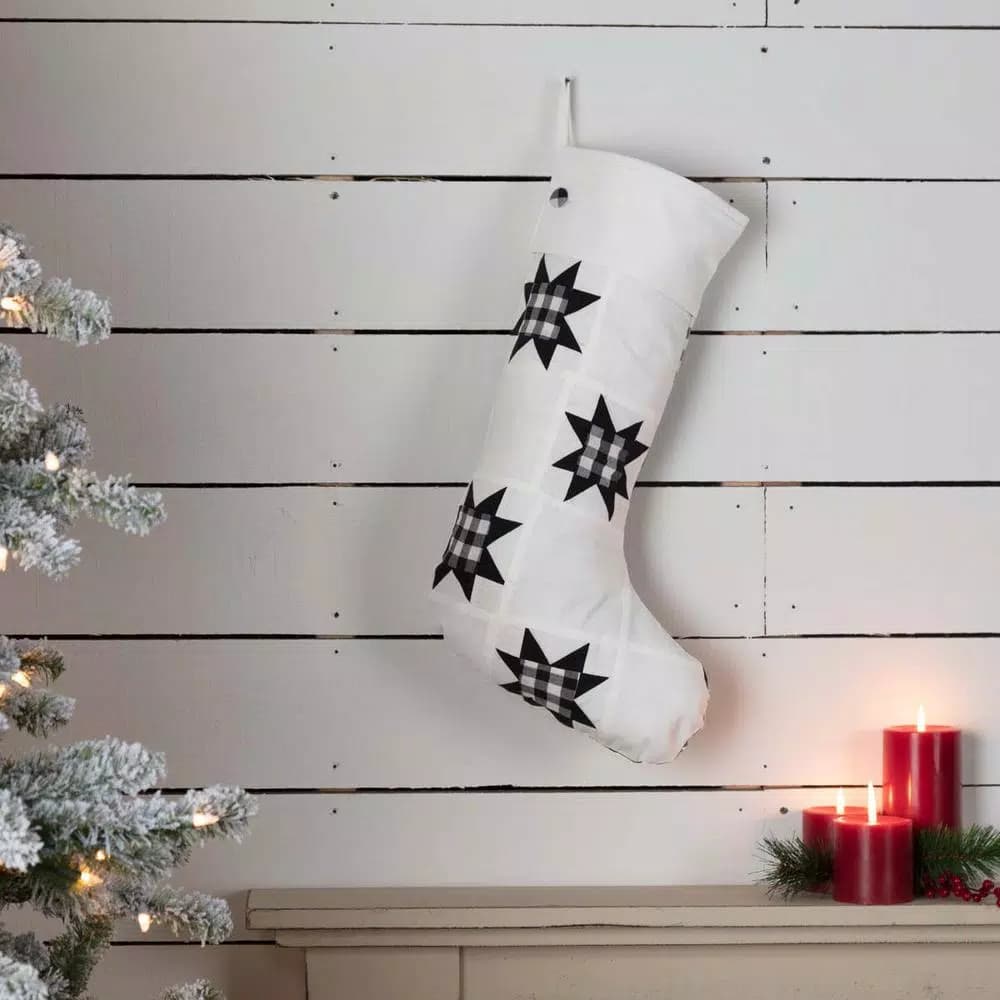 VHC Brands Emmie Farmhouse Christmas Decor 20 in. Black and White Check Cotton Patch Stocking