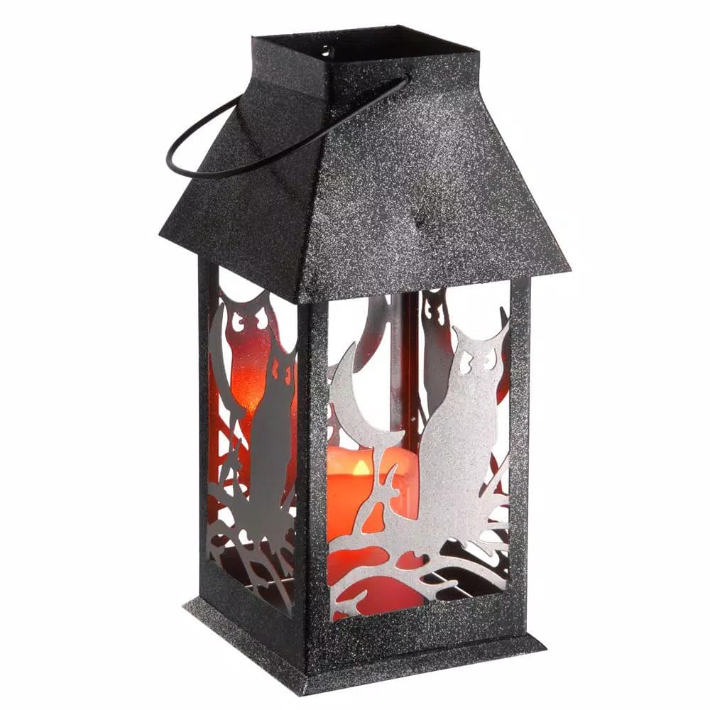 National Tree Company 12 in. Halloween Owl Lantern with Flickering LED Candle, Matte Black and Silver Metal