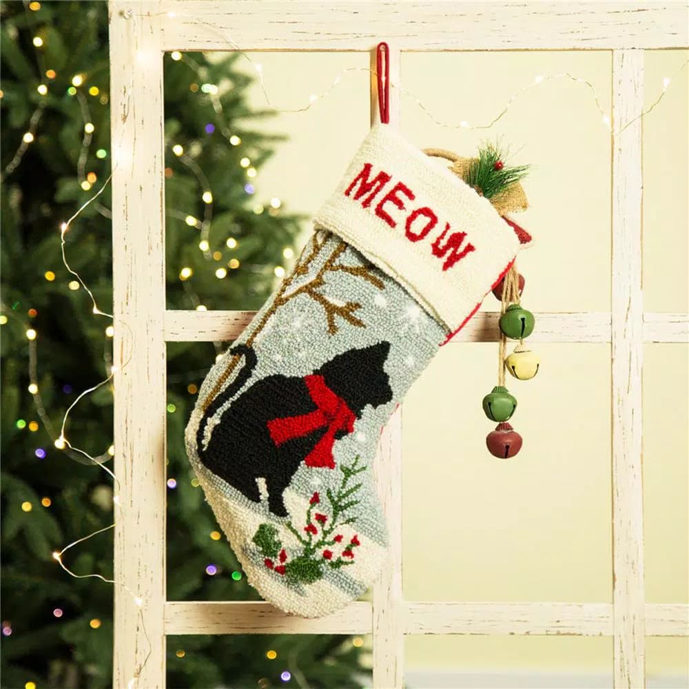 Glitzhome Handmade Hooked Cat Christmas Stocking, 20 in. Holiday Decor
