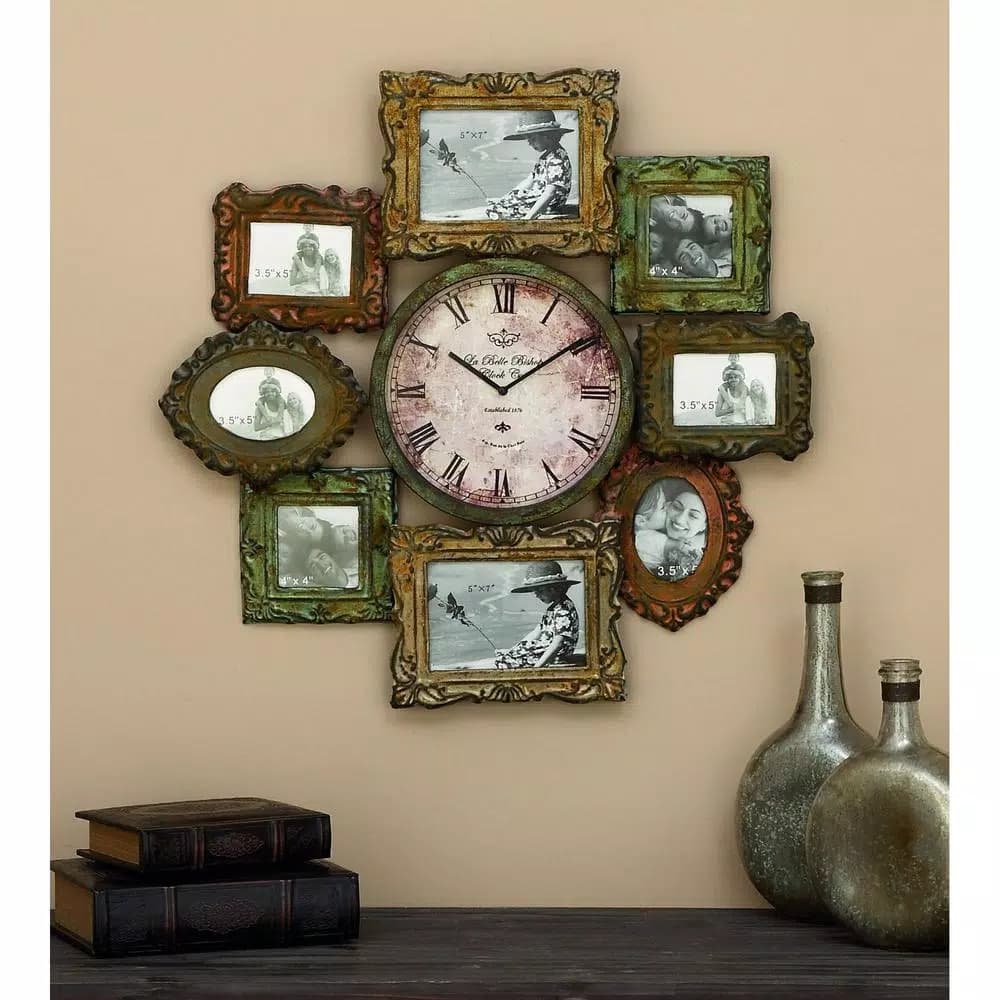 LITTON LANE 25 in. Metal Victorian Photo Frame Montage and Wall Clock with 8 Frames