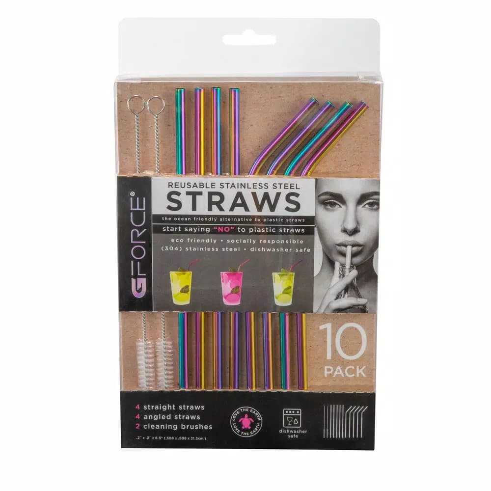 Unbranded Gforce Rainbow Stainless Steel Reusable Straw Set, 10-Pack with Cleaning Brushes