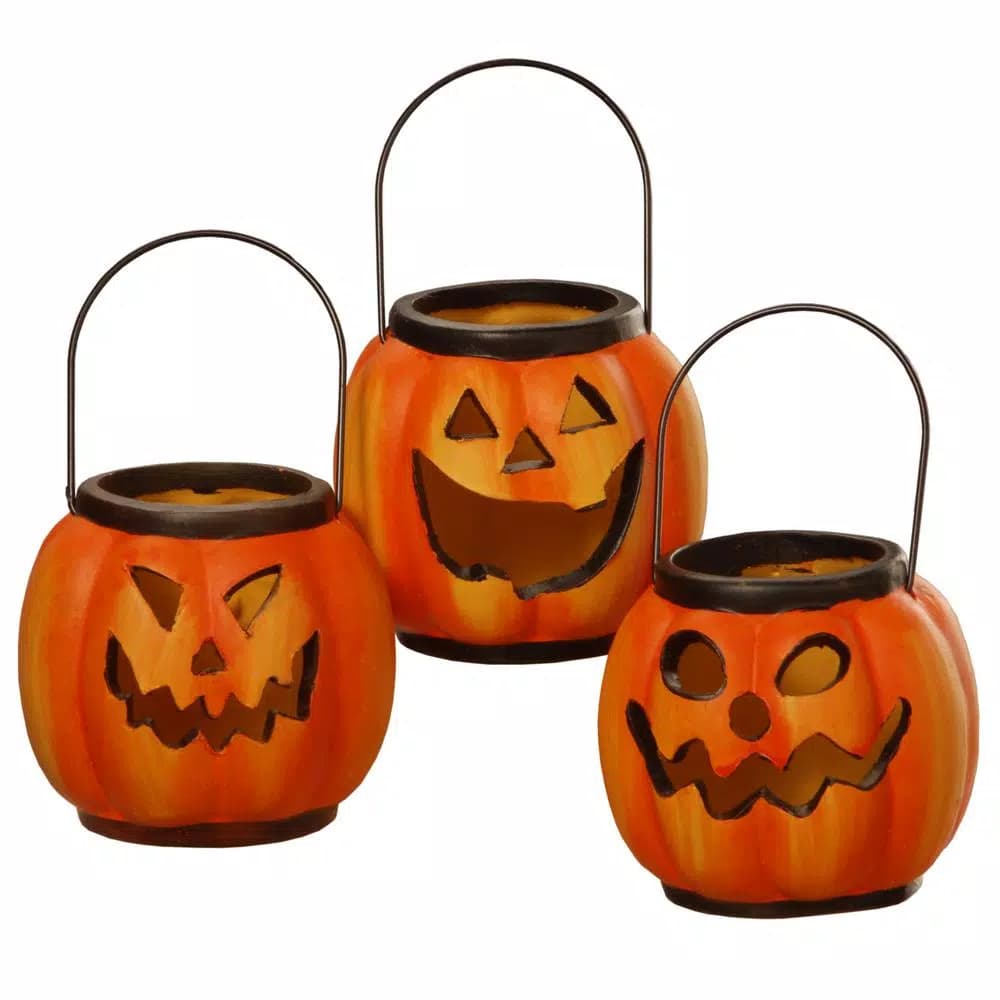 National Tree Company 3 in. Halloween Pumpkin Lanterns, Set of 3 - Handcrafted Poly Resin Decorative Jack-O'-Lanterns
