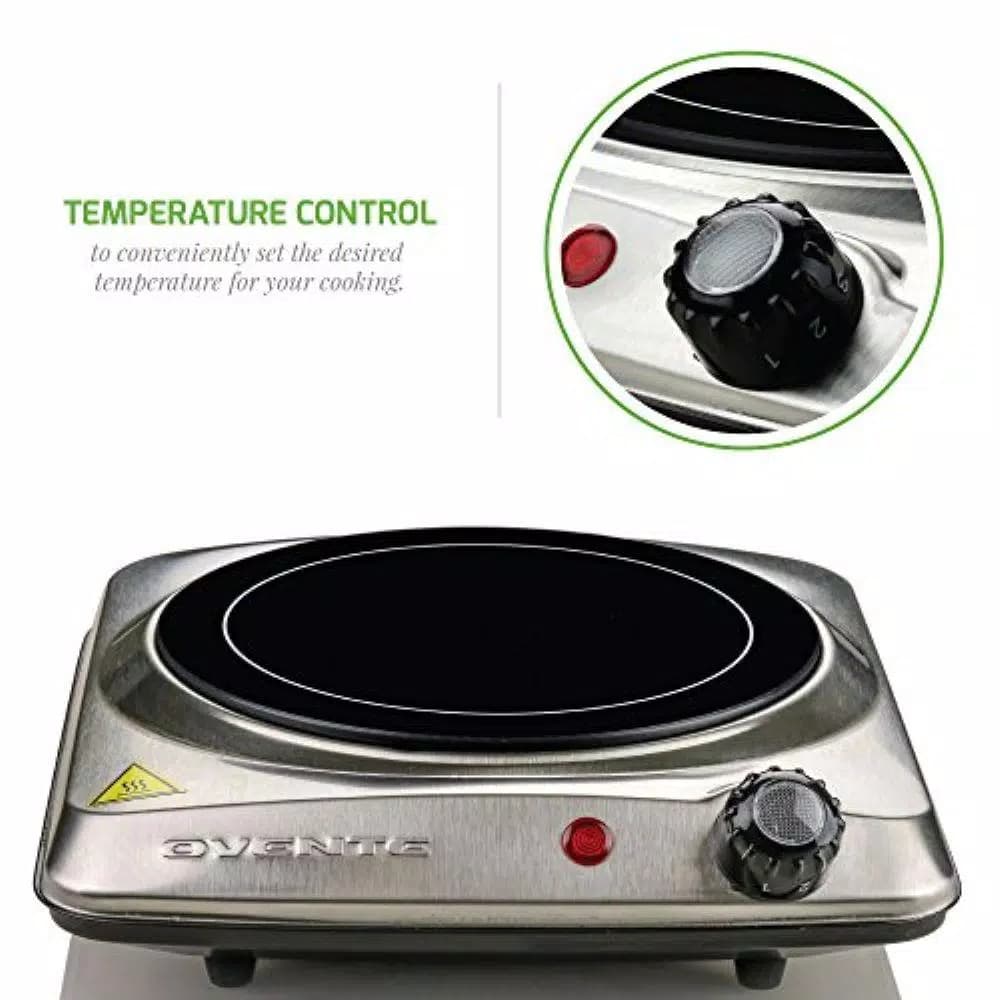 Ovente 1000W Single Hot Plate Electric Infrared Glass Cooktop Burner, 7 in., Silver