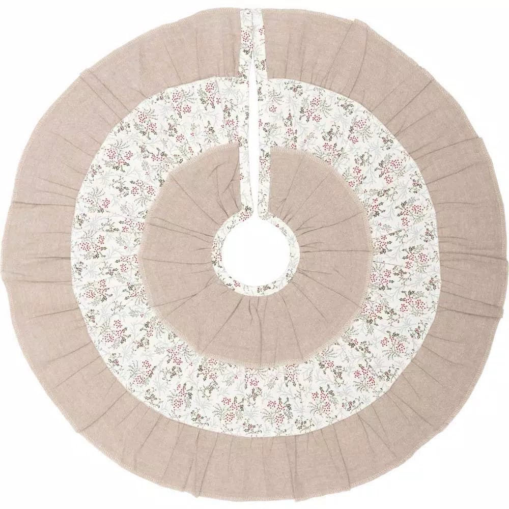 VHC Brands 21 in. Carol Khaki Tan & Winter Floral Ruffled Farmhouse Christmas Tree Skirt