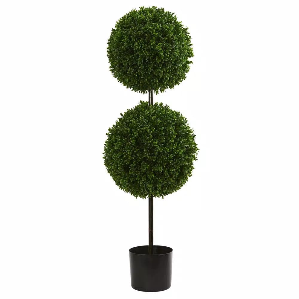 Nearly Natural 42 in. UV Resistant Artificial Boxwood Double Ball Topiary Tree with Black Pot