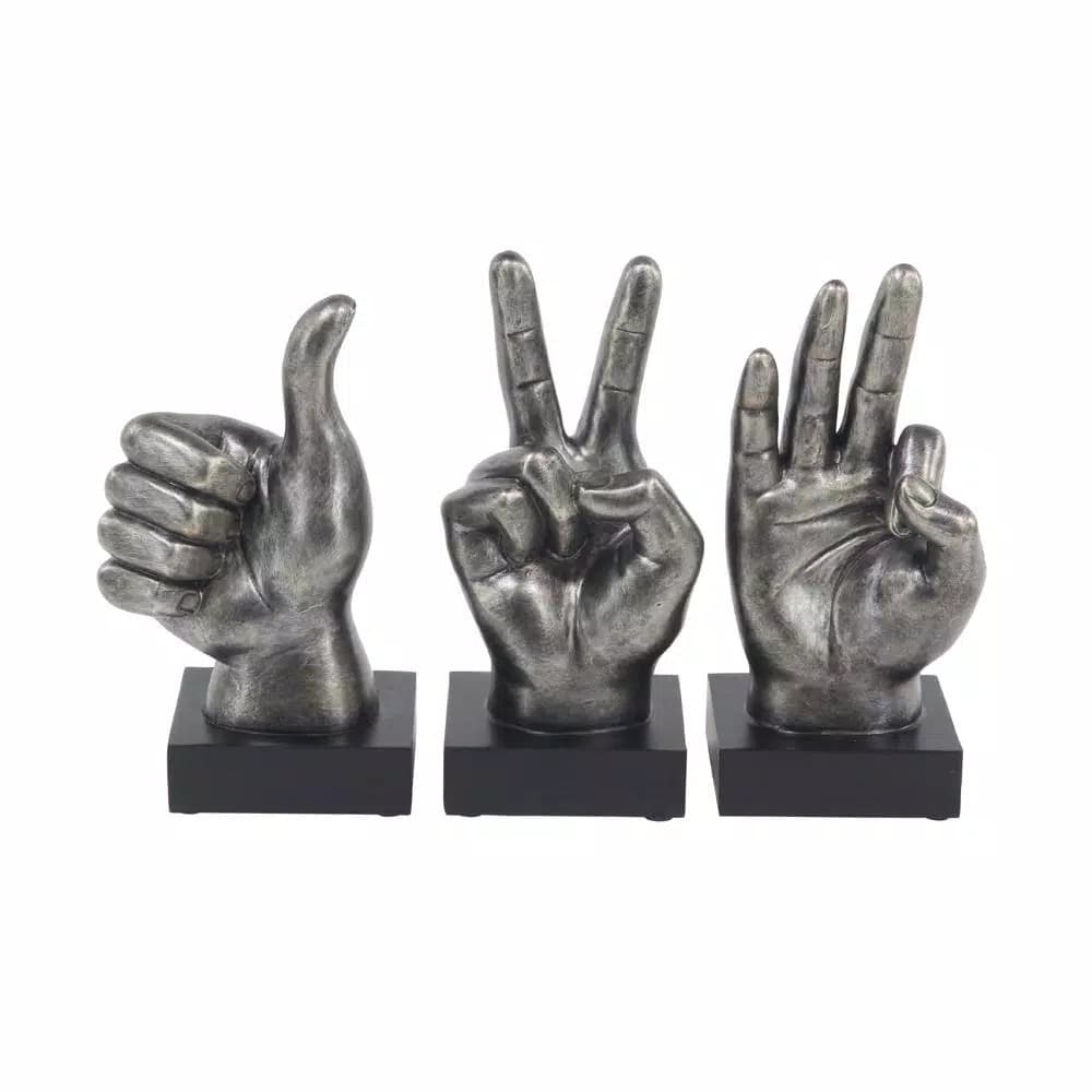LITTON LANE Modern Reflections Hand Sign Polystone Sculpture Set, Silver Distressed Finish (Set of 3)