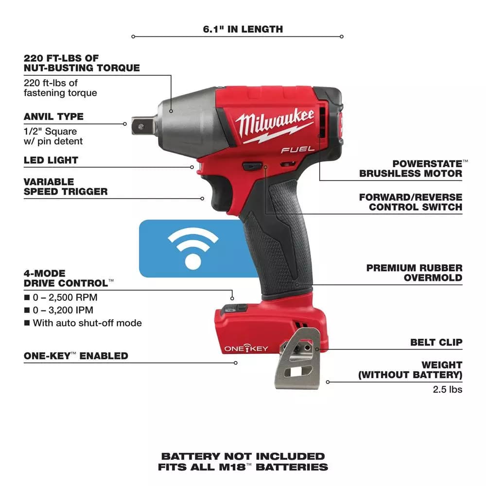 Milwaukee M18 FUEL 1/2 in. Compact Impact Wrench with Pin Detent, ONE-KEY, Brushless, Tool-Only