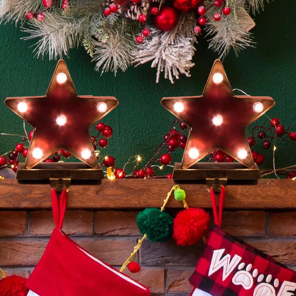 Glitzhome Marquee LED Star Stocking Holder Set of 2 - Metal Holiday Decor