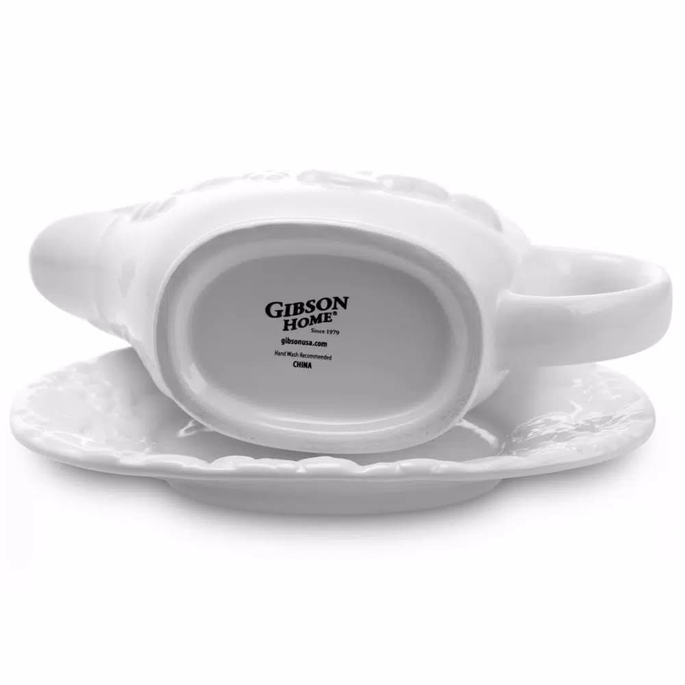 Gibson Home Fruitful 8 in. White Durastone Gravy Boat with Saucer