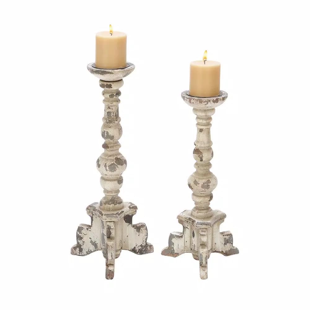 LITTON LANE White Wood and Iron 4-Footed Candle Holder Set of 2, Rustic Farmhouse Decor