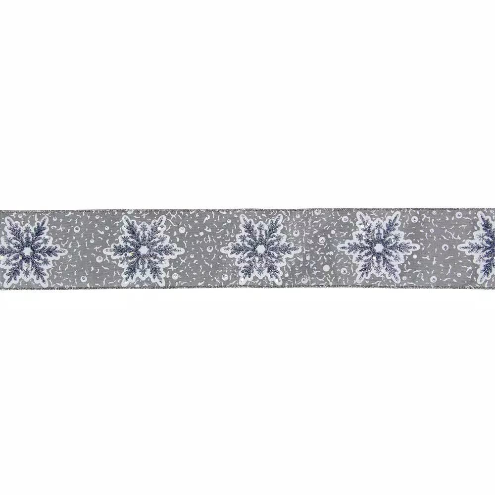 Northlight 2.5 in. x 16 yds. Grey and White Glitter Snowflake Wired Craft Ribbon