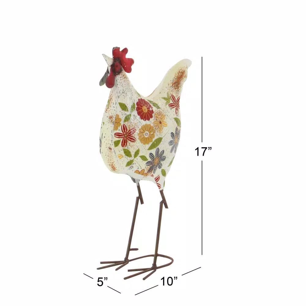 LITTON LANE 17 in. Farmhouse Floral Pattern Iron Rooster Garden Sculpture with Distressed Finish