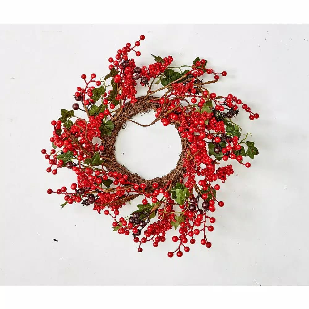 Unbranded 14 in. Mixed Berry and Ivy Leaf Wreath on Natural Twig Base, Red