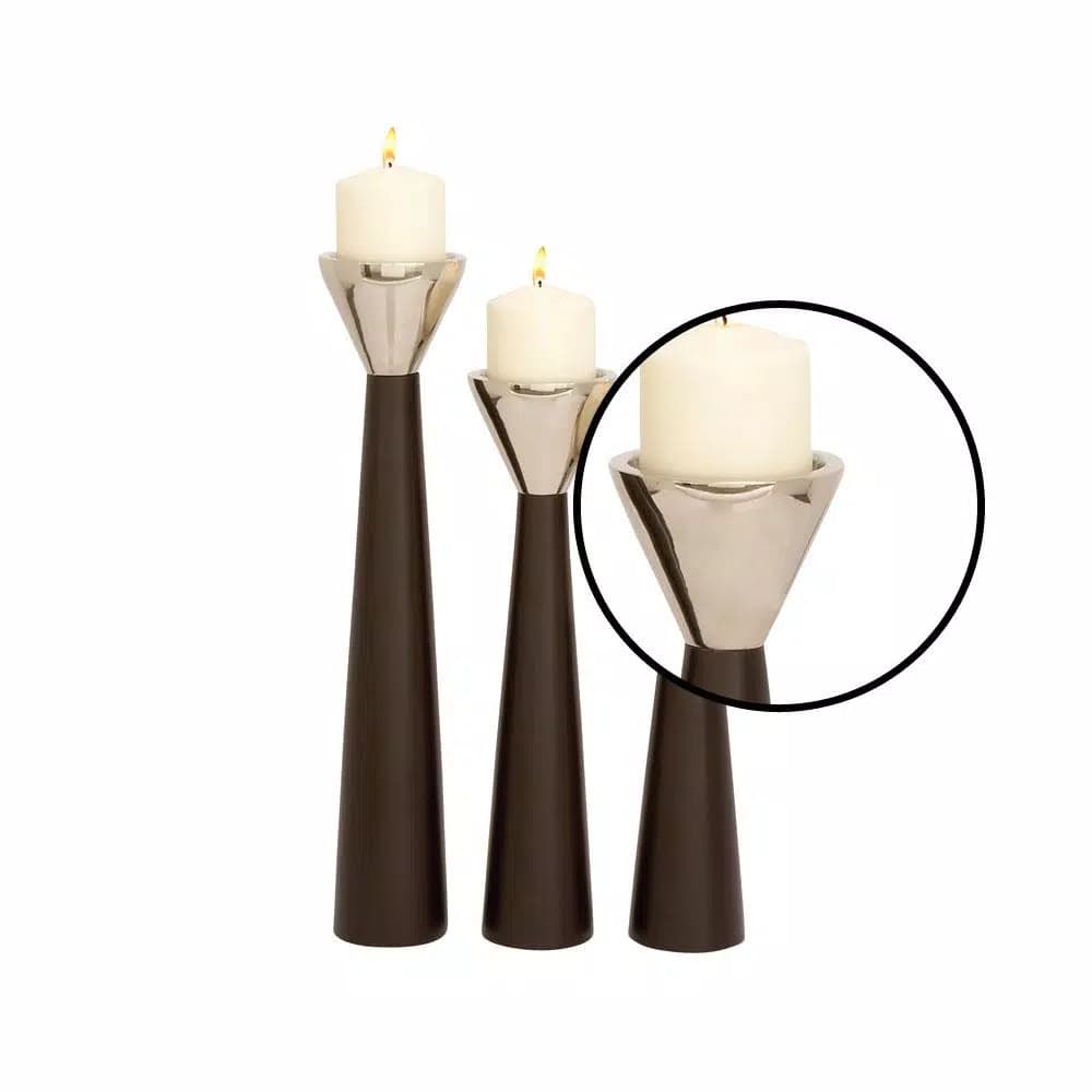 LITTON LANE Dark Brown Mango Wood and Silver Aluminum Conical Candle Holder Set of 3