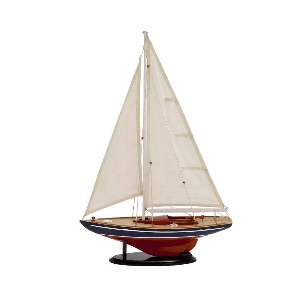 LITTON LANE 26 Inch Rustic Wooden Sailing Ship Model - Coastal Birch Wood Sculpture with Fabric Sails