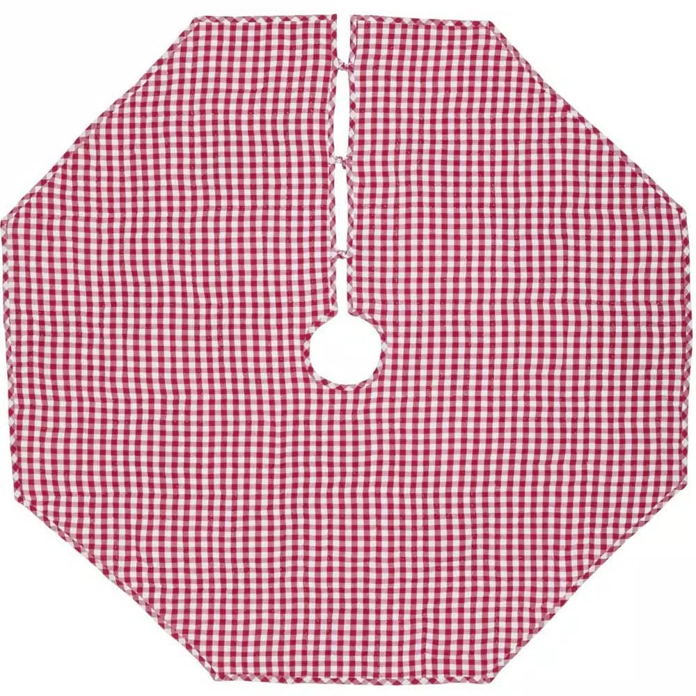 VHC Brands Emmie Red Patchwork Christmas Tree Skirt, 55 in. Hand-Quilted Cotton Farmhouse Decor