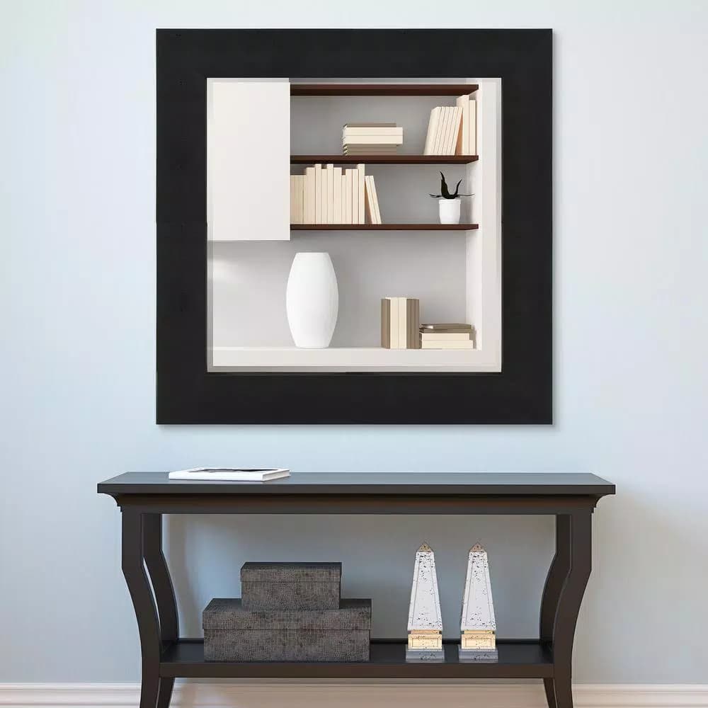 Unbranded Large 48x48 Square Black Faux Shagreen Modern Accent Mirror with Hooks
