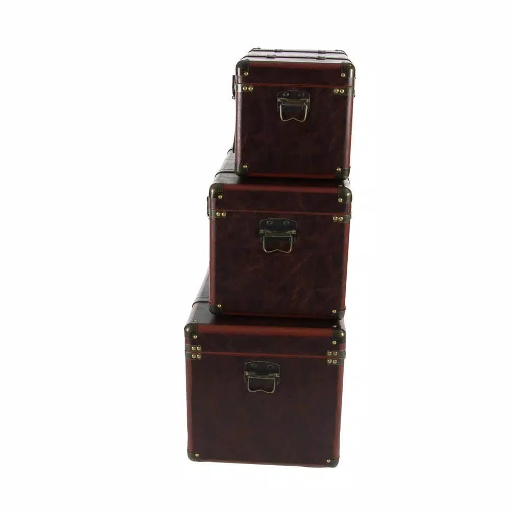 LITTON LANE Globetrotter Wood and Matte Brown Leather Decorative Trunk Set of 3