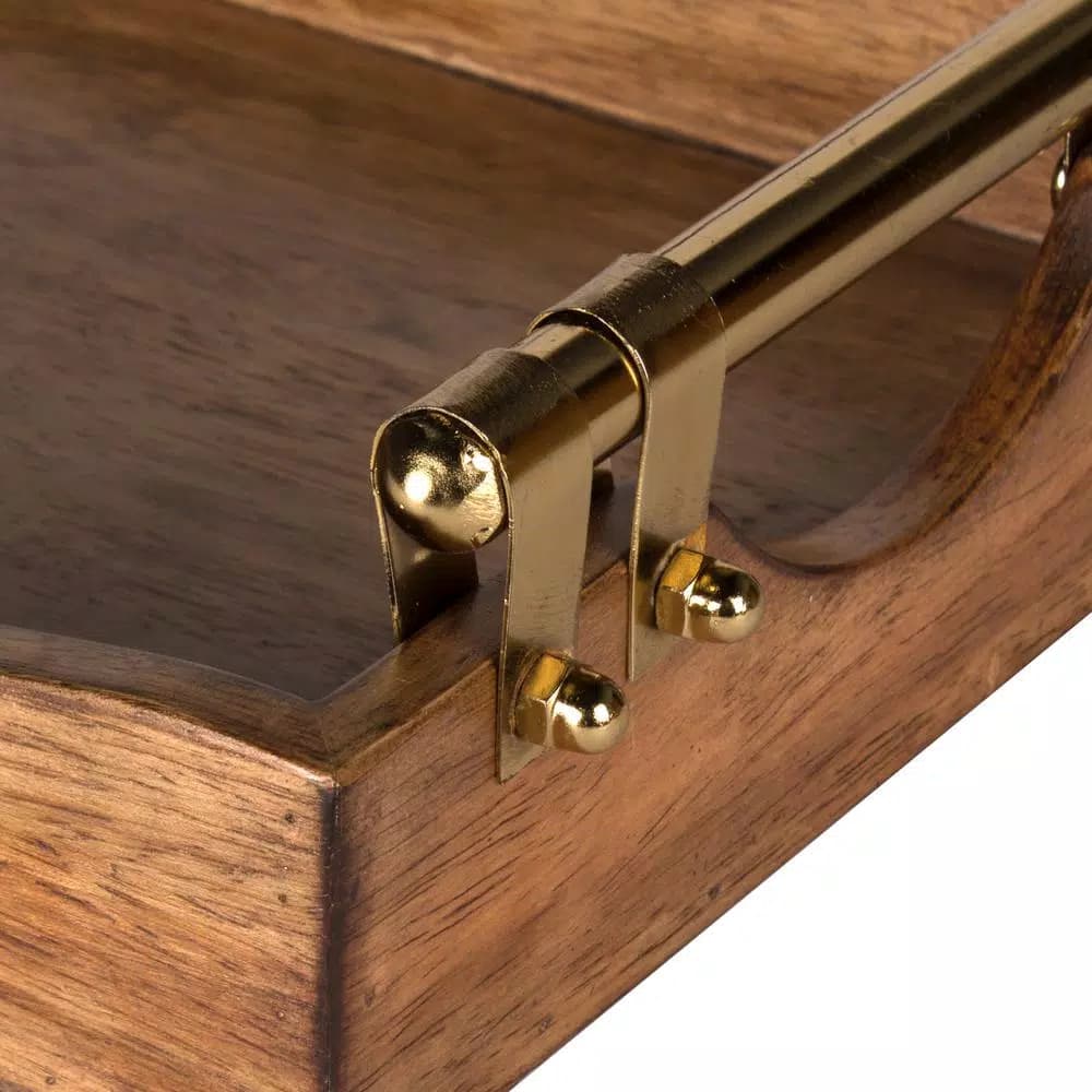 Kate and Laurel Ormond Brown Decorative Walnut Wood Tray with Polished Gold Metal Handles