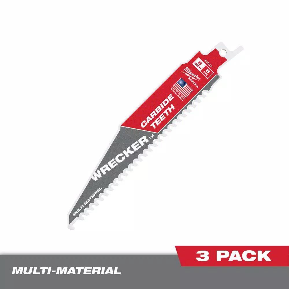 Milwaukee WRECKER 6 in. 6 TPI Carbide Teeth Multi-Material Reciprocating Saw Blade (3-Pack)