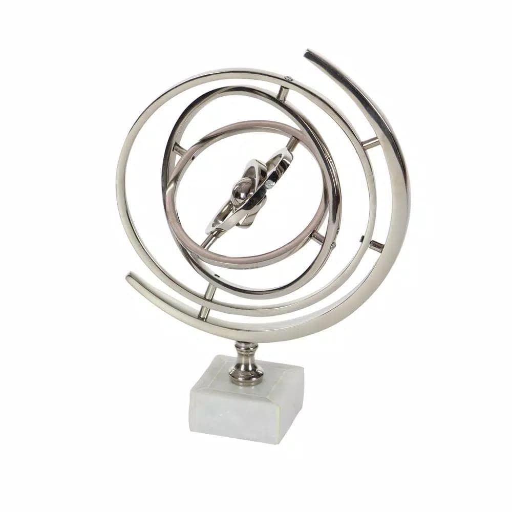 LITTON LANE 13 in. Modern Armillary Sphere Sculpture with Polished Silver Aluminum and Marble Base