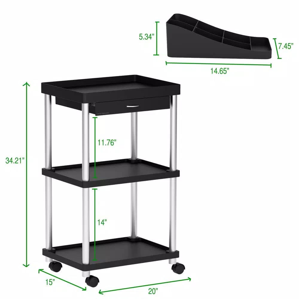 Mind Reader 3-Tier 7-Compartment Rolling Black Coffee Cart with Storage Drawer