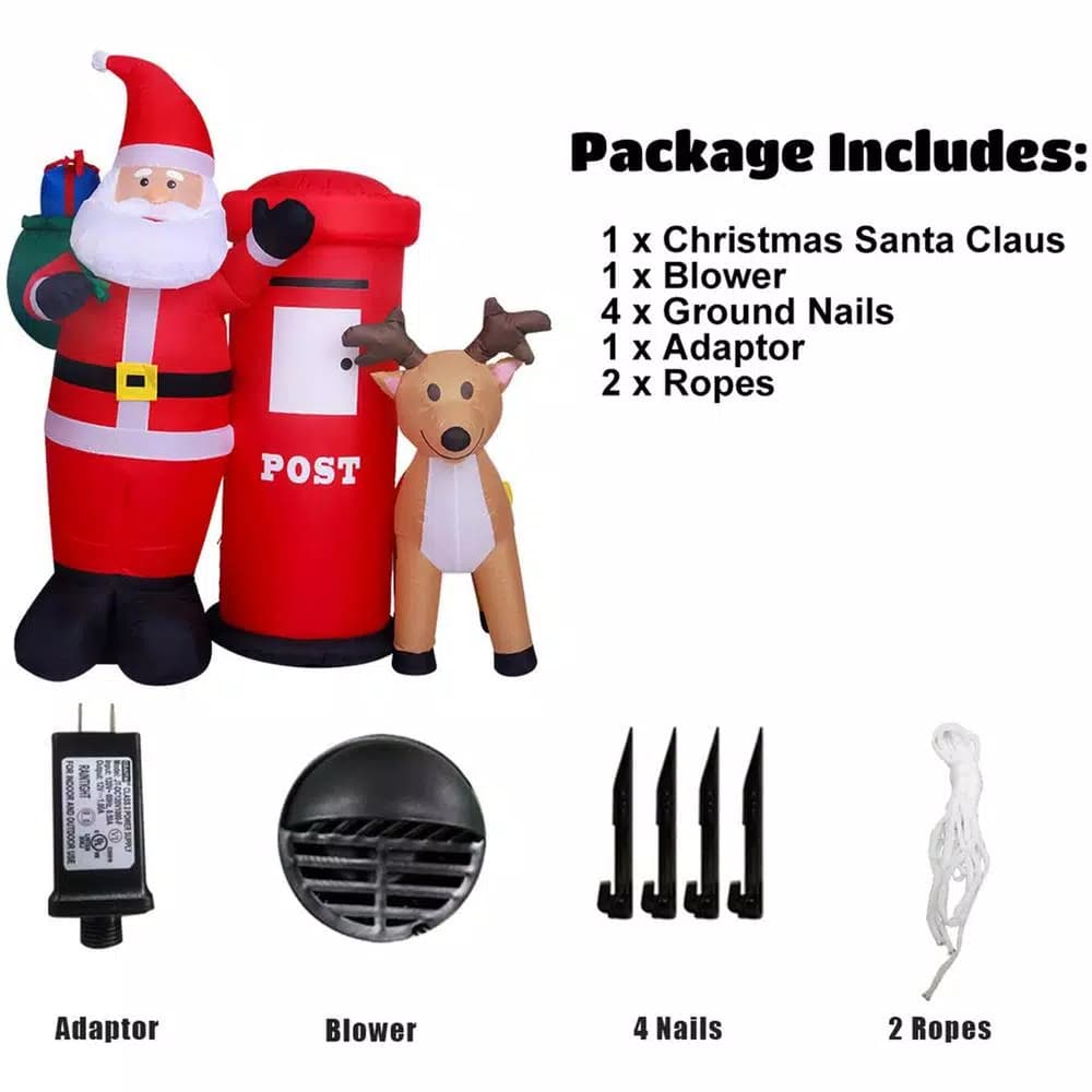 JOYDECOR 6 ft. Santa Claus with Postbox and Reindeer Christmas Inflatable with LED Lights