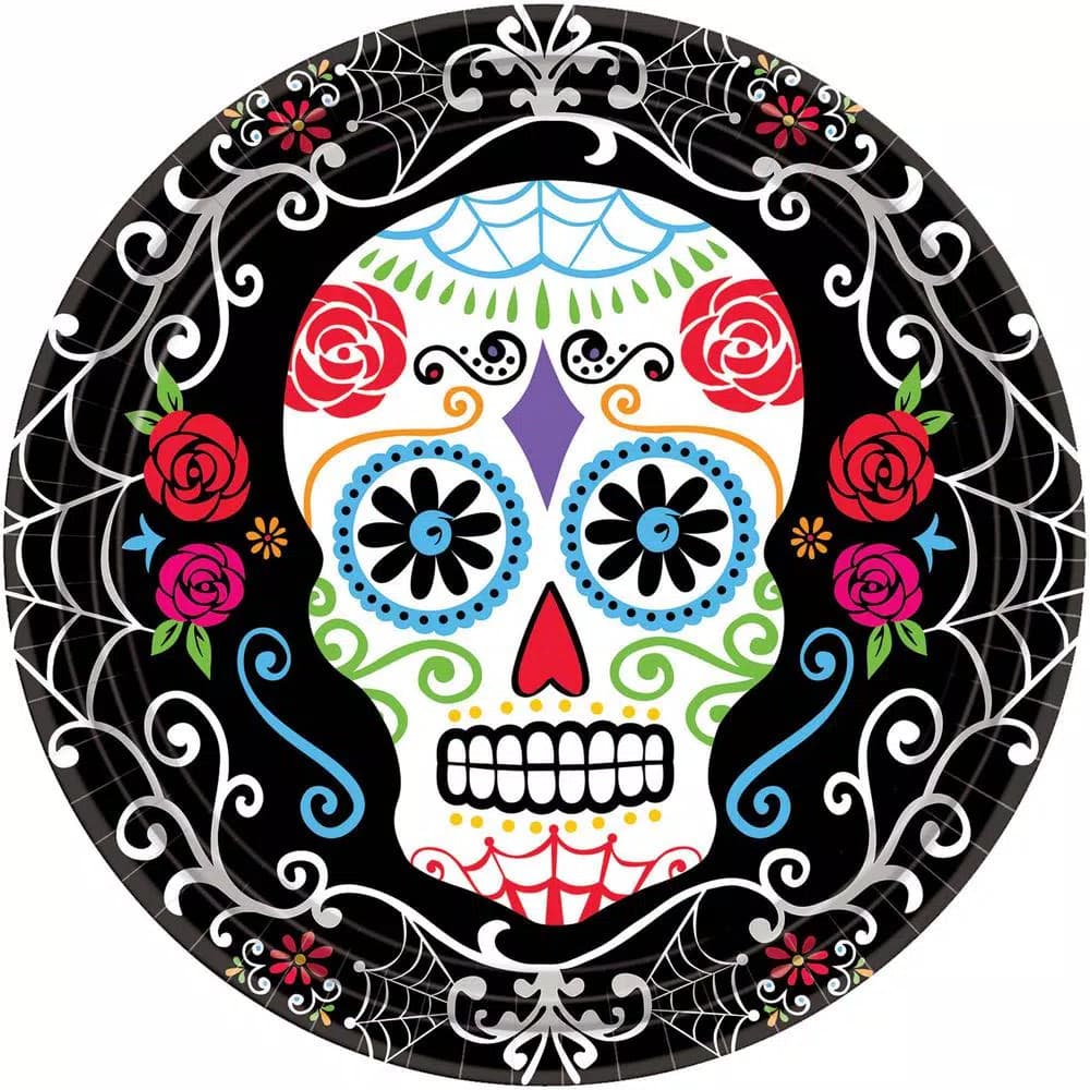 Amscan Day of the Dead Sugar Skull Round Paper Plates, 10.5 in, 54 Count (3-Pack)