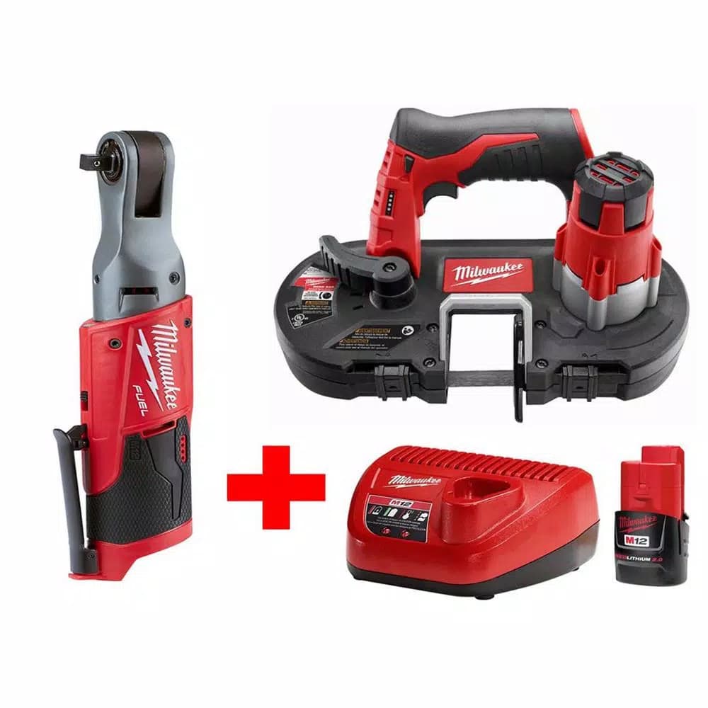 Milwaukee M12 12V Cordless Sub-Compact Band Saw and 3/8 in. FUEL Ratchet Combo Kit with 2.0Ah Battery and Charger