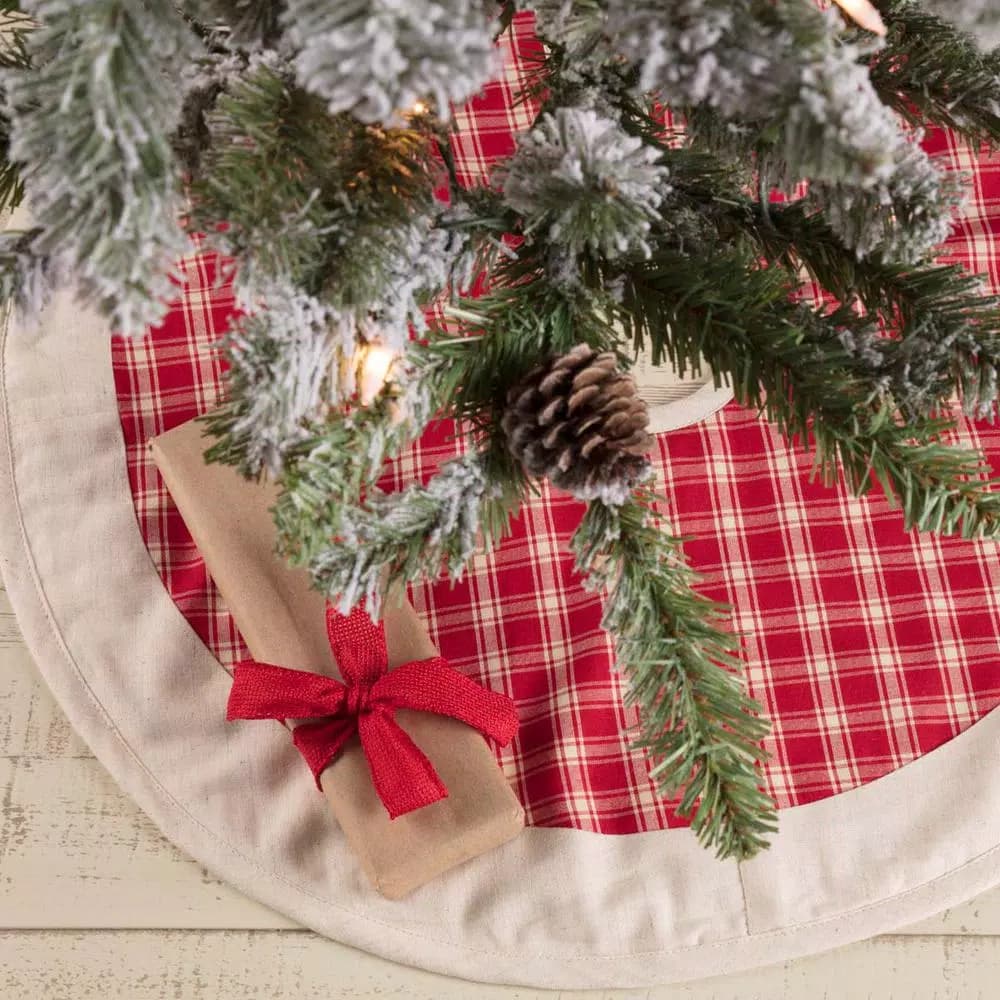 VHC Brands 21 in. Red Plaid Christmas Farmhouse Tree Skirt with Flannel Lining