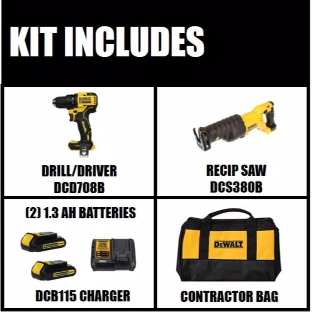 DEWALT 20V MAX ATOMIC Cordless Brushless 1/2 in. Drill/Driver & Reciprocating Saw Kit with (2) 1.3Ah Batteries