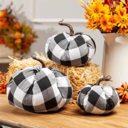 Gerson Black and White Buffalo Plaid Fabric Pumpkin Set of 3 - 6 in. Farmhouse Harvest Decor thumbnail 1