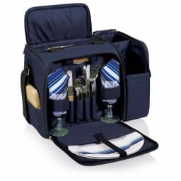 Picnic Time Malibu Navy Wood Picnic Cooler Tote - Insulated Soft-Side Cooler with Deluxe Picnic Service for Two thumbnail 4