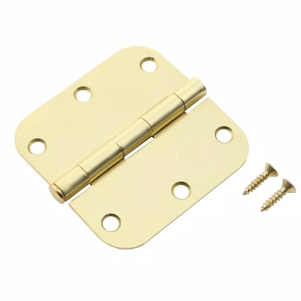 Hardware Essentials 3-1/2 in. Satin Brass Residential Door Hinge, 5/8 in. Round Corner, Full Mortise (9-Pack)