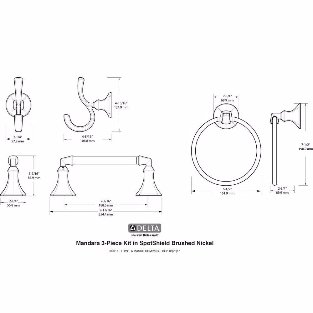 Delta Mandara 3-Piece Brushed Nickel Bath Hardware Set with Towel Bar, Toilet Paper Holder and Towel Ring